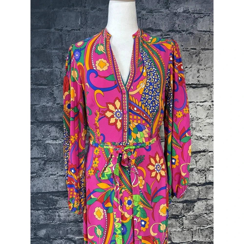 Adrianna Papell Womens Maxi Dress Size 6 Paisley Boho V Neck Balloon Sleeve - Picture 3 of 16